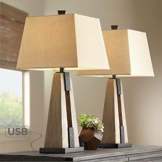 Set Of 2 Rustic Farmhouse Table Lamps With Usb Wood Oatmeal Shade 13