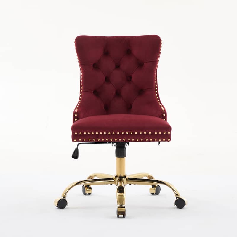 Velvet Swivel Office Chair with Wheels, Tufted Button Home Office Chair, Adjustable Vanity Chair with Metal Base - WINE RED