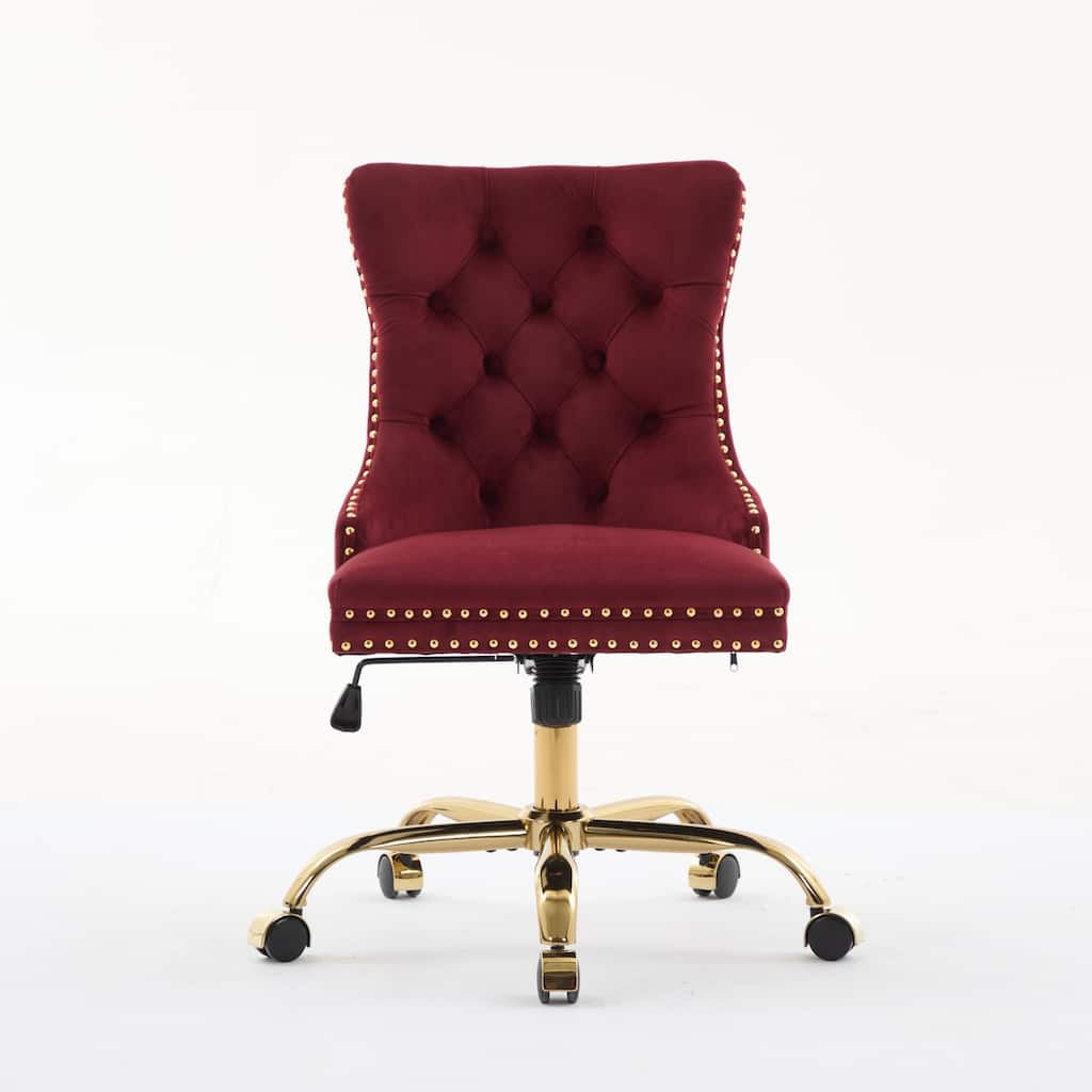 Velvet Swivel Office Chair with Wheels, Tufted Button Home Office Chair, Adjustable Vanity Chair with Metal Base
