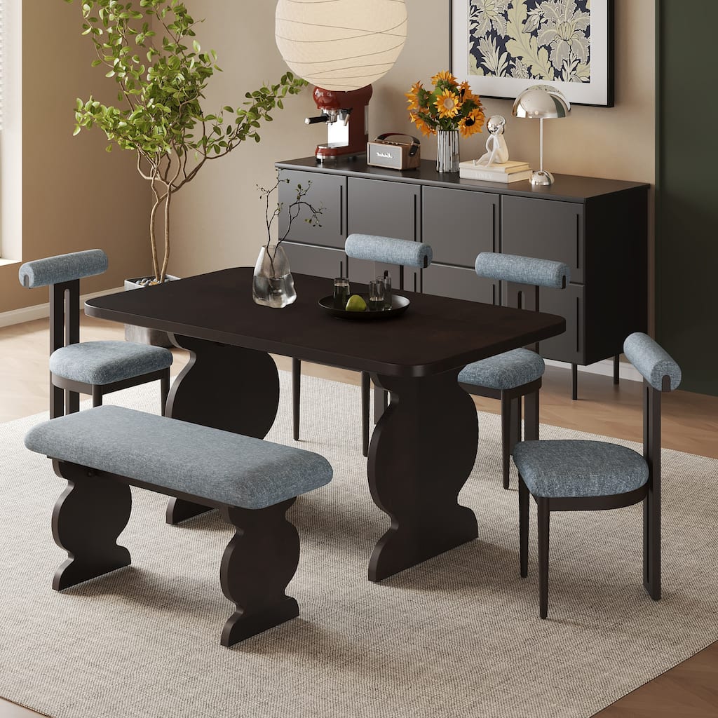 Wood Dining Table Set, 6 Piece Kitchen Dining Set with Rectangular Table, 4 Upholstered Chairs and 1 Dining Bench