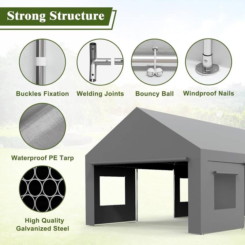 Carport, 13x 20FT Portable Garage with 4 Roll-up Doors & 4 Windows