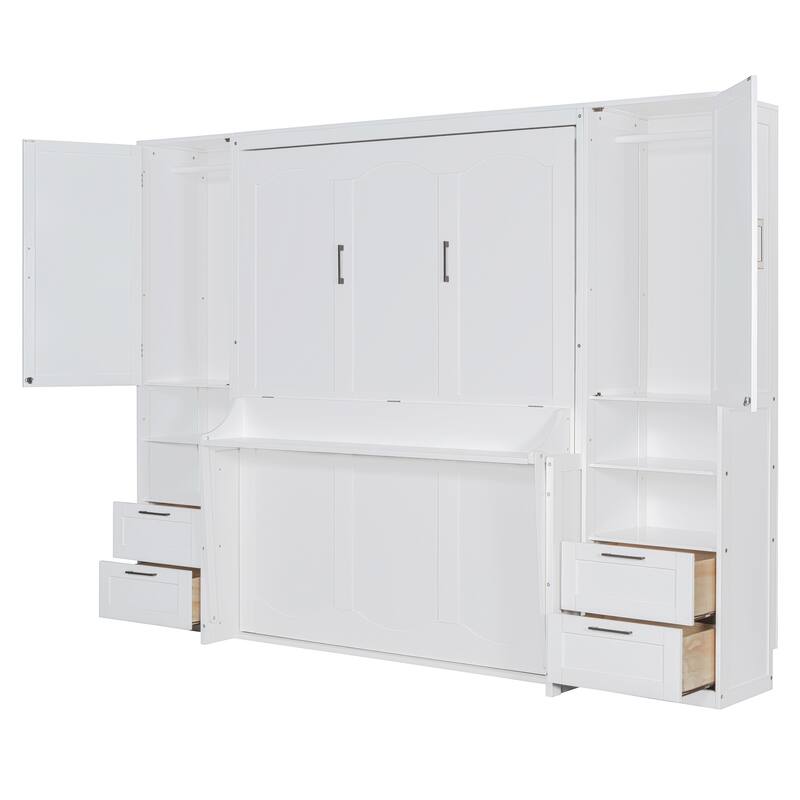 Queen Size Murphy Bed Hidden Wall Bed with Both Sides Closet Drawers and Storage Shelves, Space-Saving Versatile Murphy Bed