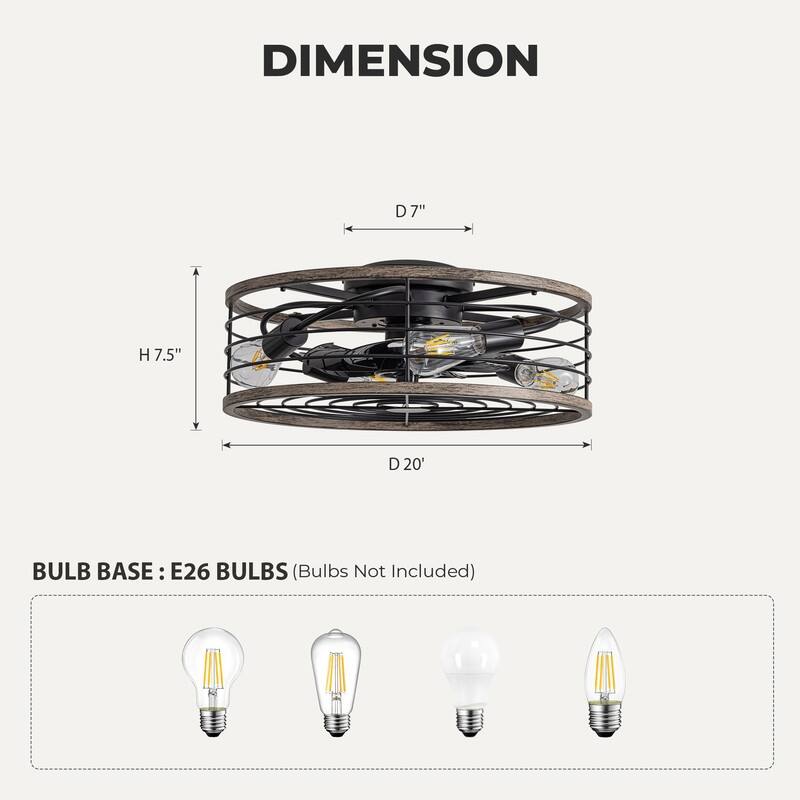 20 in. Wood Finish Ceiling Fan with Light Low Profile Farmhouse Indoor Ceiling Fans Caged Ceiling Fan Light for Bedroom - N/A
