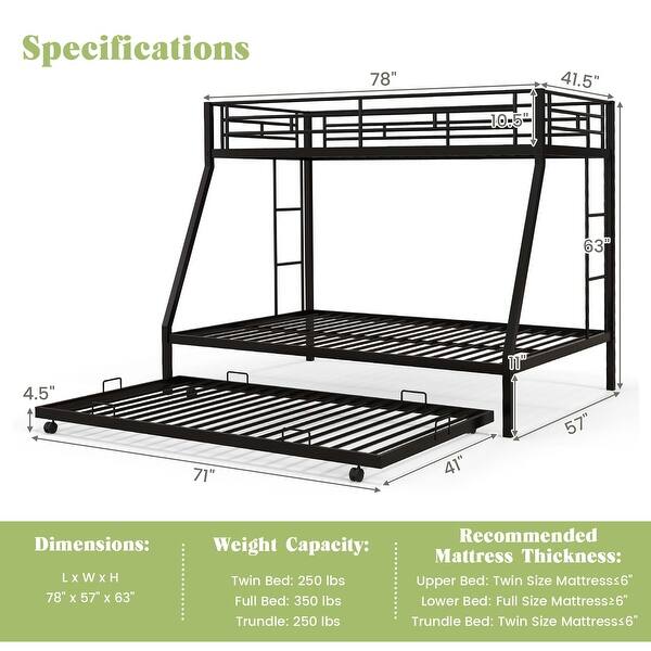 dimension image slide 1 of 2, Costway Twin Over Full Metal Slats Bunk Bed Frame with Trundle, Guard