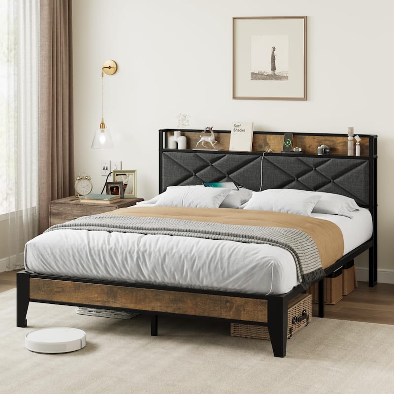 Upholstered Metal Platform Bed with Charging Station and Storage Shelf - Full