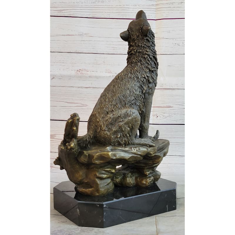 Lost Wax Bronze Casting Of Howling Wolf On Marble Base By Milo