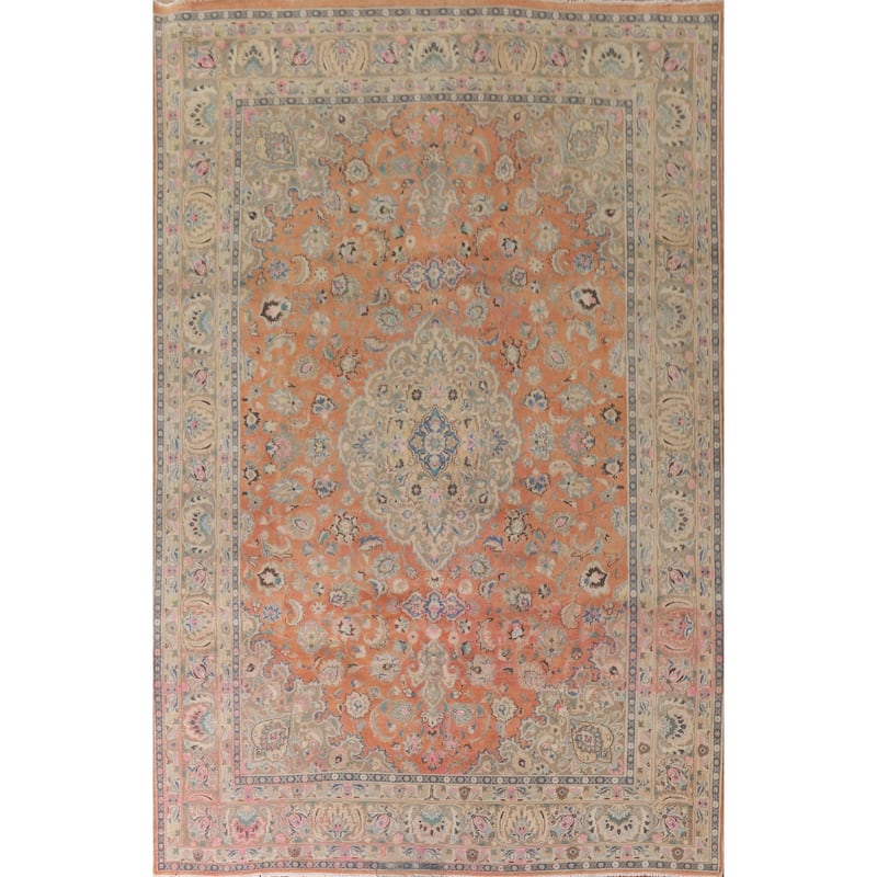 Hand Knotted Oriental 100% Wool Carpet Traditional Floral Oranges & Rust Mashad Area Rug - 11' 2'' X 8' 1''
