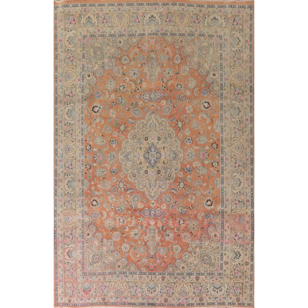 Hand Knotted Oriental 100% Wool Carpet Traditional Floral Oranges & Rust Mashad Area Rug - 11' 2'' X 8' 1''