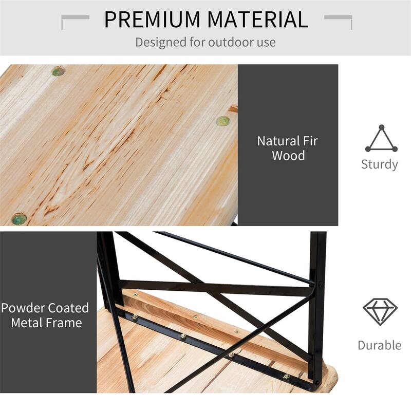 Folding Picnic Table and Bench Set Solid Wood Tabletop Steel Frame Portable Outdoor Patio Garden - 71"L x 10"W x 18"H