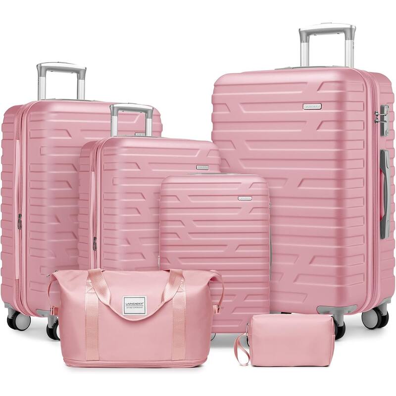 6-Piece Modern Hardshell Expandable Luggage with Travel Bag, Spinner Wheels and TSA Lock, for Boarding Travel, Light Pink - Pink