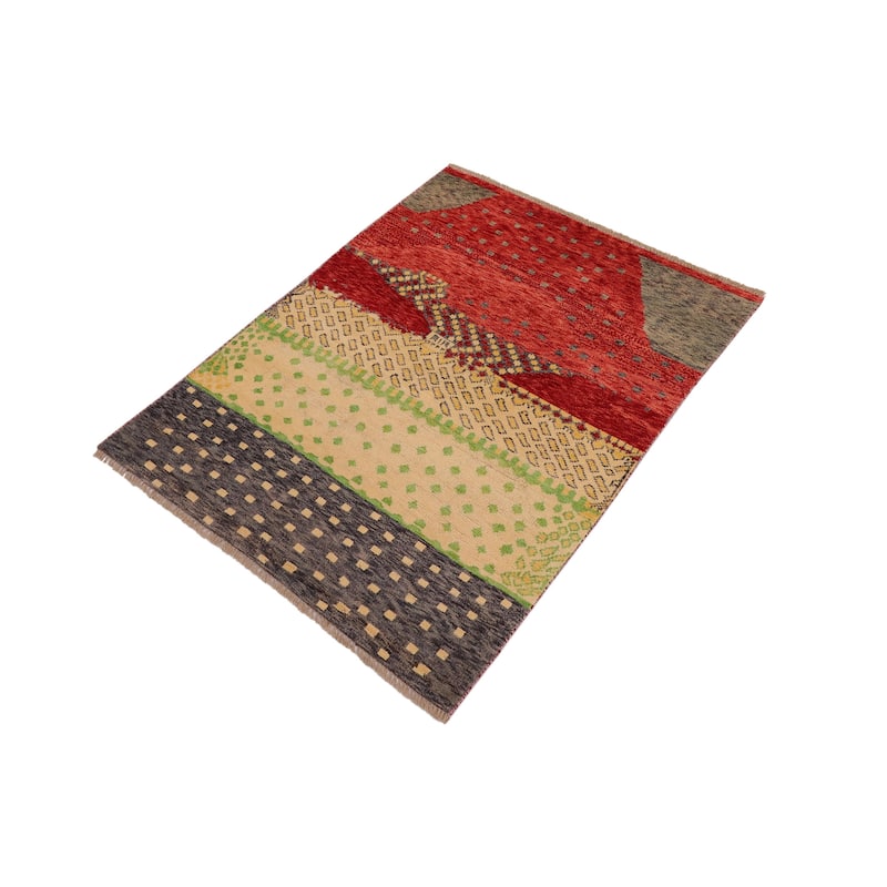 Shabby Chic Balochi Garrison Red/Gray Hand Knotted Wool Rug - 3'2'' x 4'10''