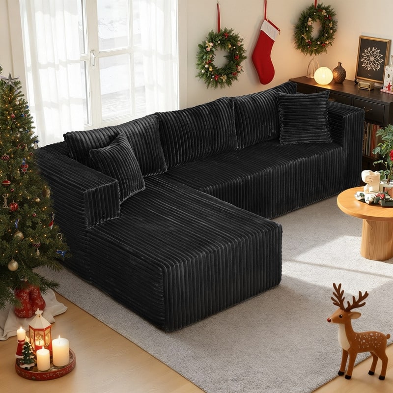 105.11 in. Wide Square Arm 2-Piece Modern Plush Fabric L-Shape Modular Sectional Sofa with Chaise - Black-Right Chaise