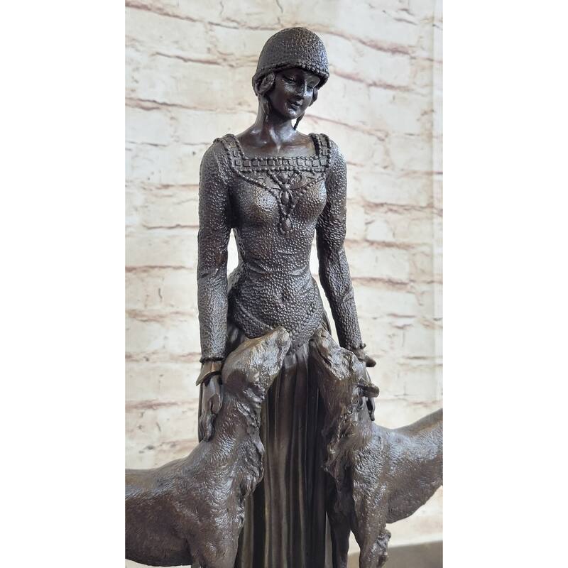 Lady With 2 Dogs Afghan Hounds Chiparus Art Deco Bronze Statue Sculpture 18 Inches X 6 Inches