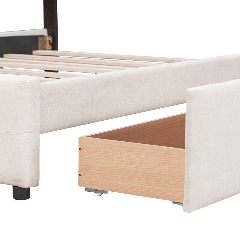 Queen Size Upholstered Platform Bed with Headboard and 4 Drawers, Linen Fabric, No Box Spring Needed