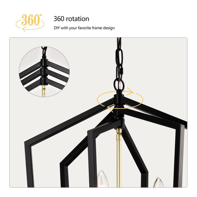 8-Light Black and Gold Lantern Chandelier, Adjustable Ceiling Pendant Light for Dining Room, Kitchen, Living Room, Entryway