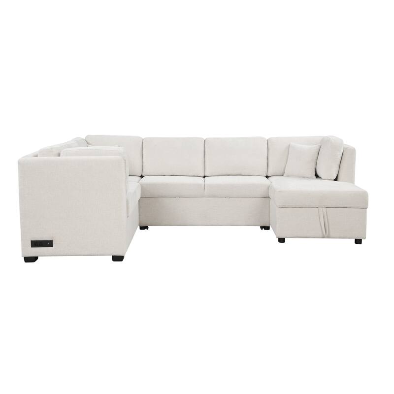 108.6" Chenille U-Shaped Sectional Sofa Bed with USB Ports, Storage Chaise, and 3 Back Pillows