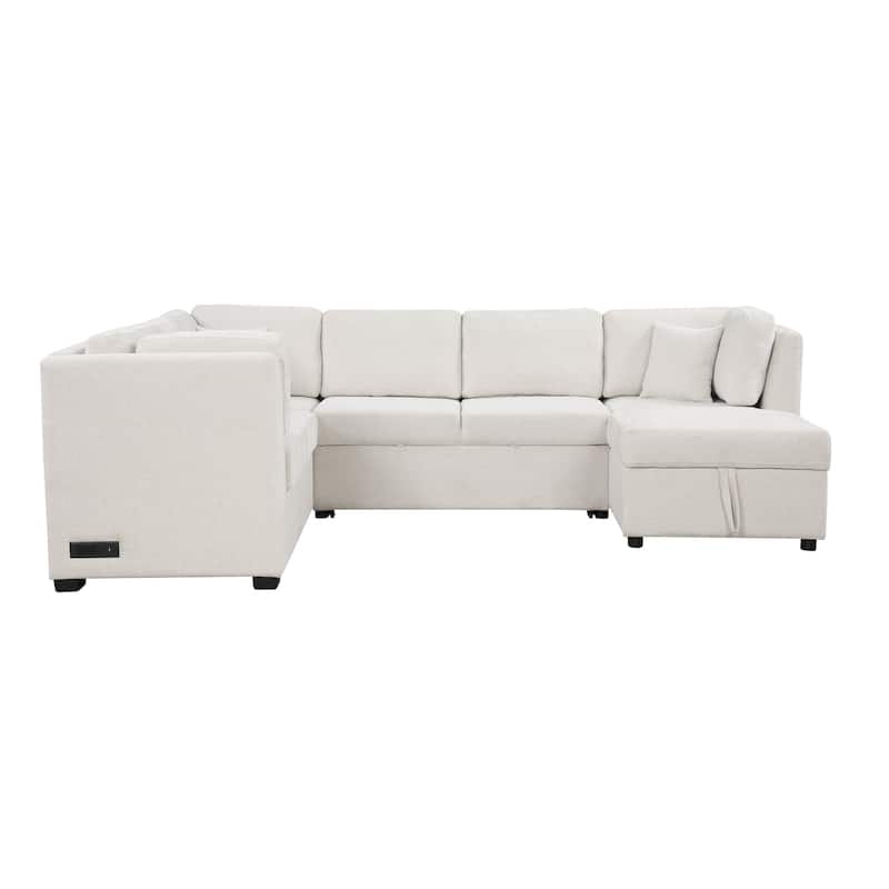 Roomfitters 108.6" U-Shaped Sectional Sofa Pull-Out Sofa Bed with USB Ports, Power Sockets, Back Pillows, Beige