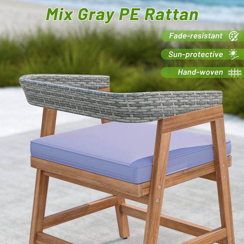 Outdoor Acacia Wood Patio Wicker Dining Chairs Set of 4 with Seat Cushion-Gray - Multi