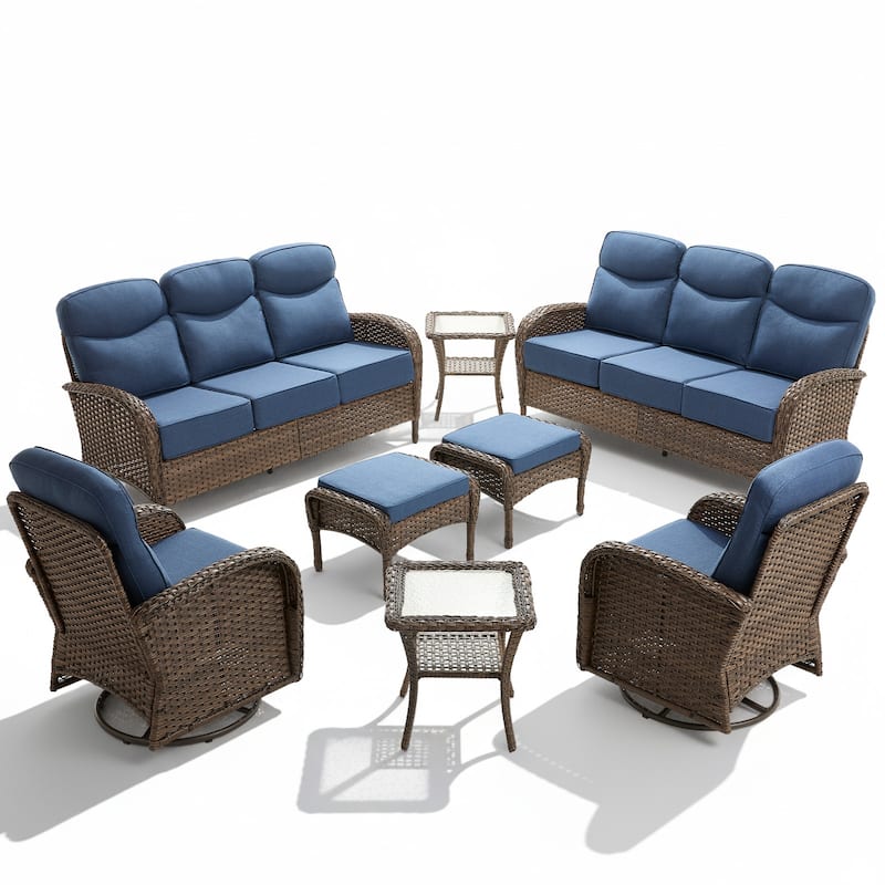 Meyreso 8-Piece Wicker Patio Conversation Set with Swivel Gliders and 6-Inch Thick Olefin Cushions