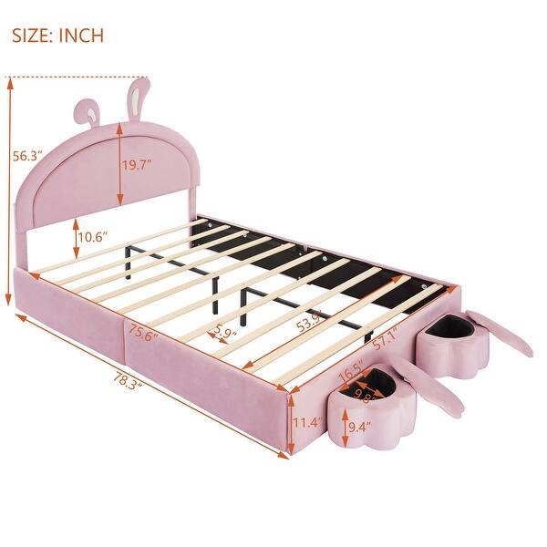dimension image slide 0 of 4, Velvet Upholstered Rabbit-Shape Princess Bed, Cute Platform Bed w2 Storage Stools & Headboard & Footboard for Kids