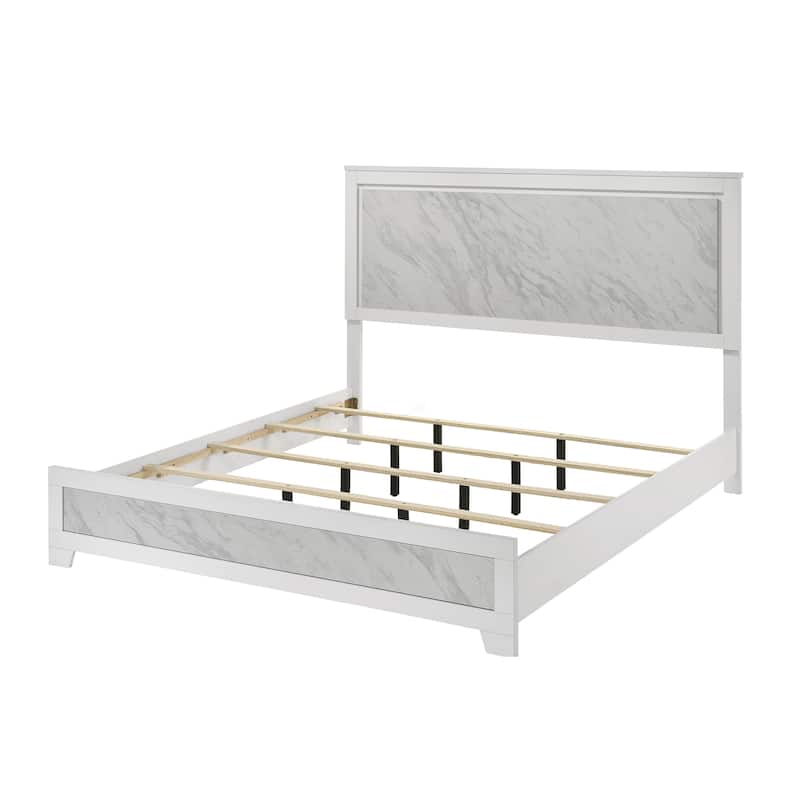 Furniture of America Loris Modern White Panel Bed with Faux Marble Headboard