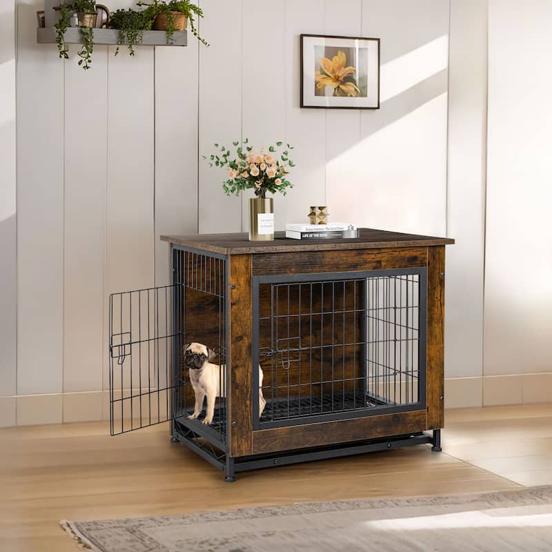 Futzca Dog Crate, Double-Doors Dog Furniture - Brown - Small
