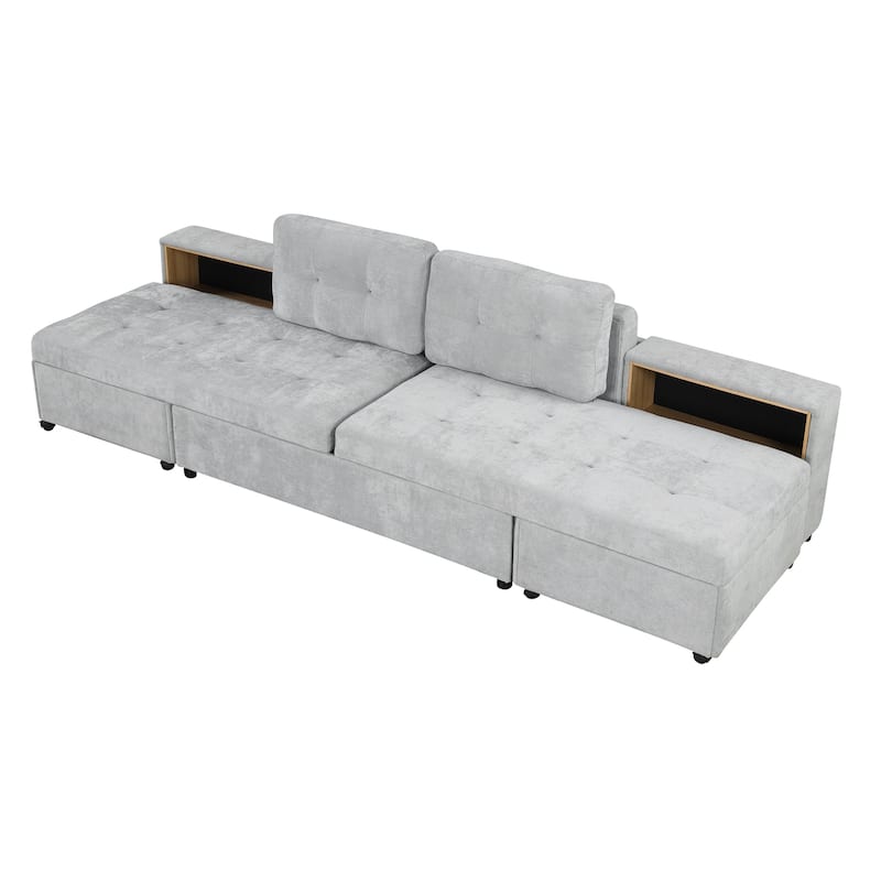 121.2" Chenille Modular Sofa Bed with Two Storage Racks, Free-Combined Design, and Smooth-Rolling Wheels
