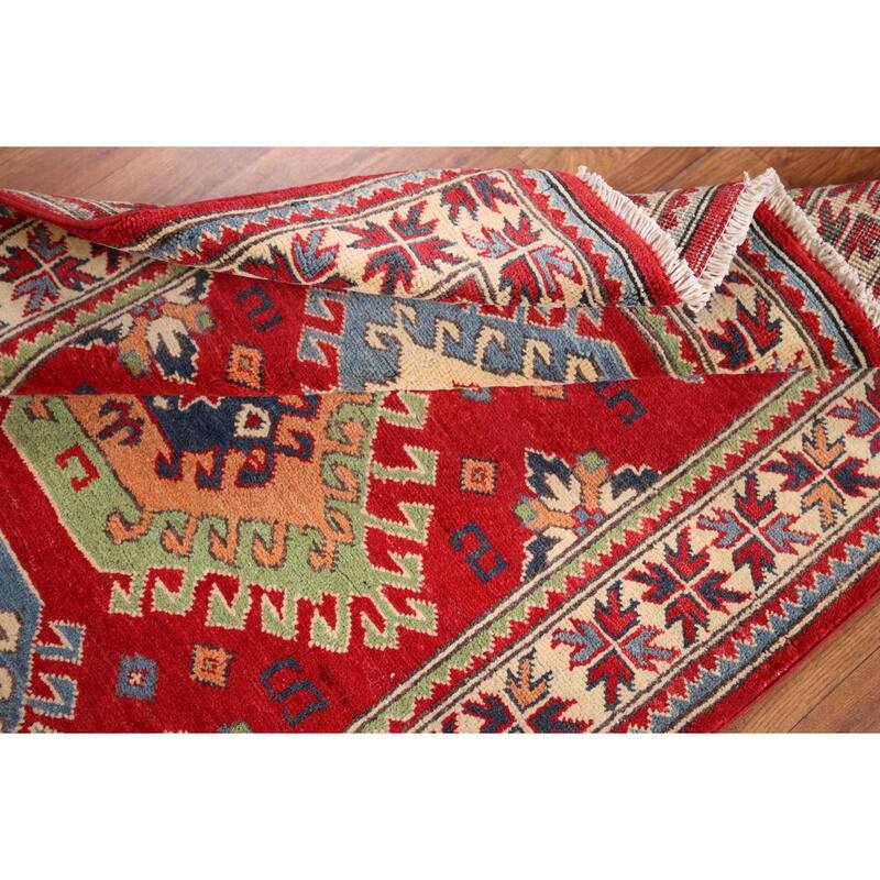 Geometric Kazak Accent Rug Hand-Knotted Red Wool Carpet - 3'4" x 4'7"