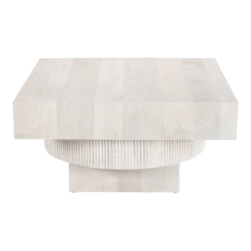HomeRoots 36" Natural White Solid Wood Square Geo Pedestal Coffee Table - 36.00 in. x 17.70 in. x 36.00 in.