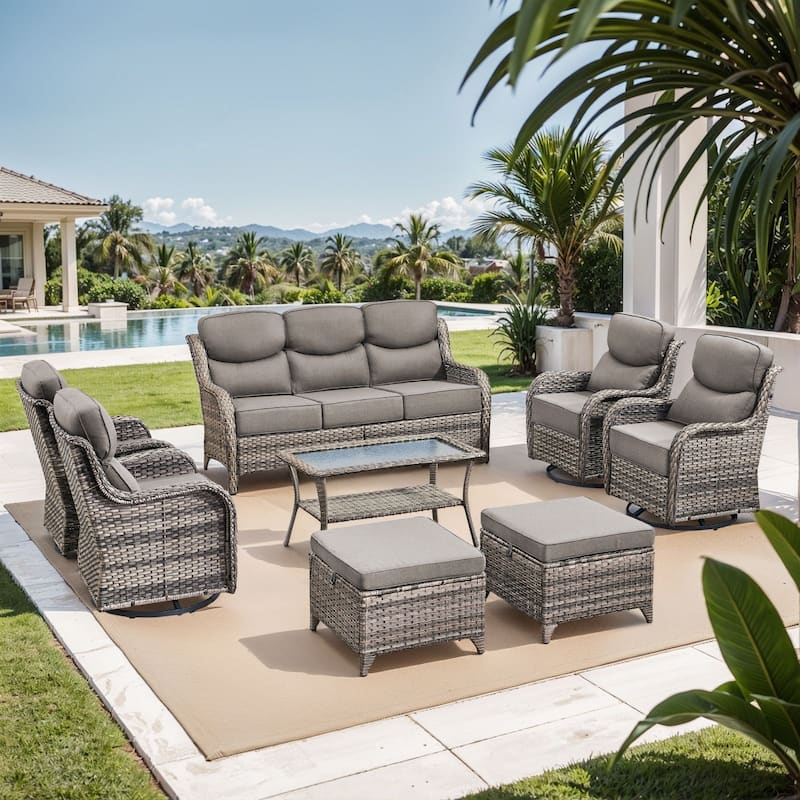 Outdoor Sofa with 6-Inch Thick Cushions Furniture for Porch - Grey Wicker Grey Cushion - 8PCS Sofa Swivel Chair w/ Table Ottoman