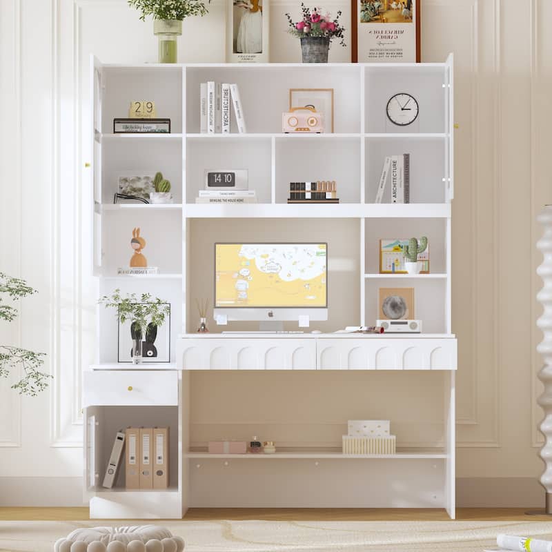 Multi-Tier Bookcase Built-In Desk - Space-Saving Design Home or Office