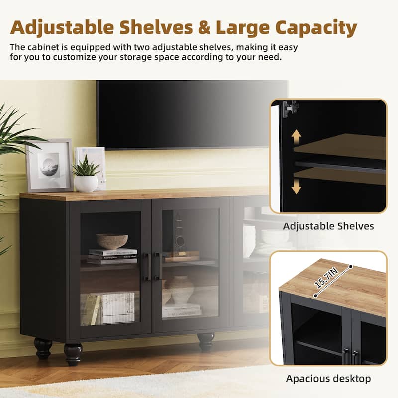 Stylish Farmhouse Buffet Cabinet with Tempered Glass Doors, Accommodates TVs Up to 70", Perfect for Any Room