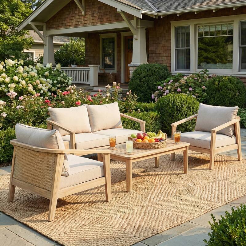 Christopher Knight Home - Hartford 4-Piece Outdoor Acacia Wood Patio Seating Set with Wicker Back and Cushions - Mixed Light Brown+Beige Cushion