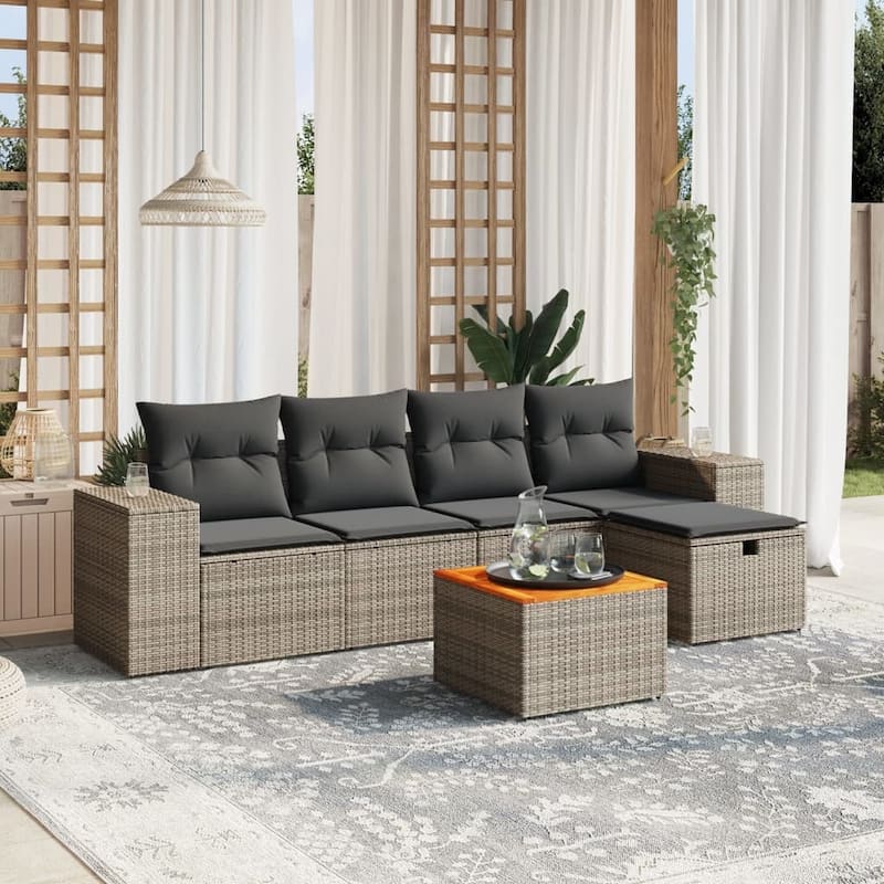 vidaXL Patio Sofa Set with Cushions Outdoor Furniture 6 Piece Poly Rattan - Gray - 24.4 x 32.7 x 27.2 in