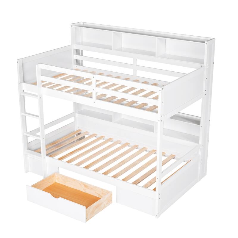 Twin Size Bunk Bed with Built-in Shelves and Storage Drawer, White