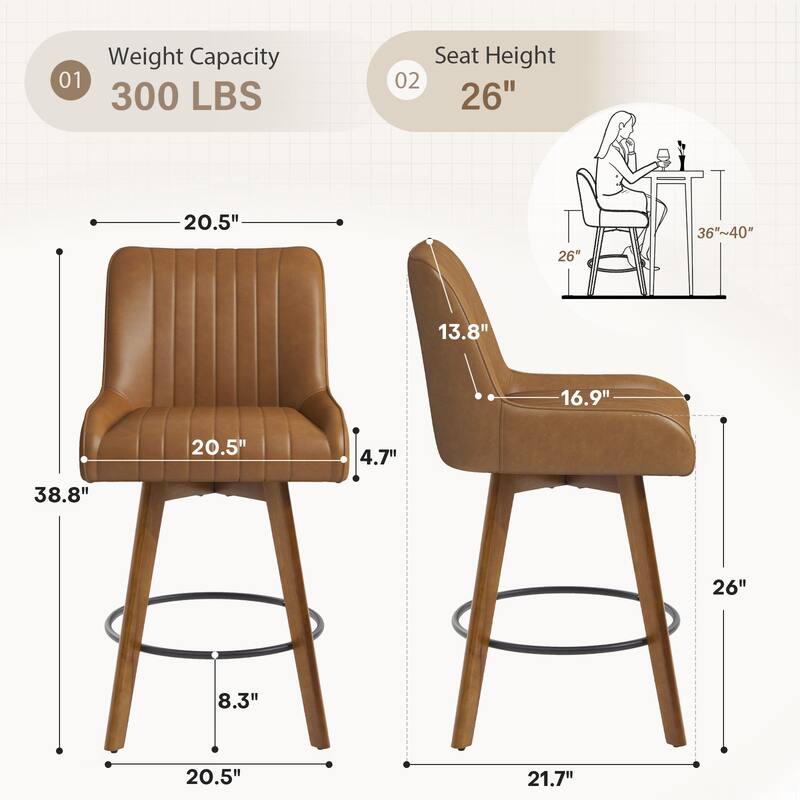 26" Faux Leather Upholstered Wood Swivel Counter Stool Set of 3 or 4 - 38.8"H x 20.5"W x 21.7"D