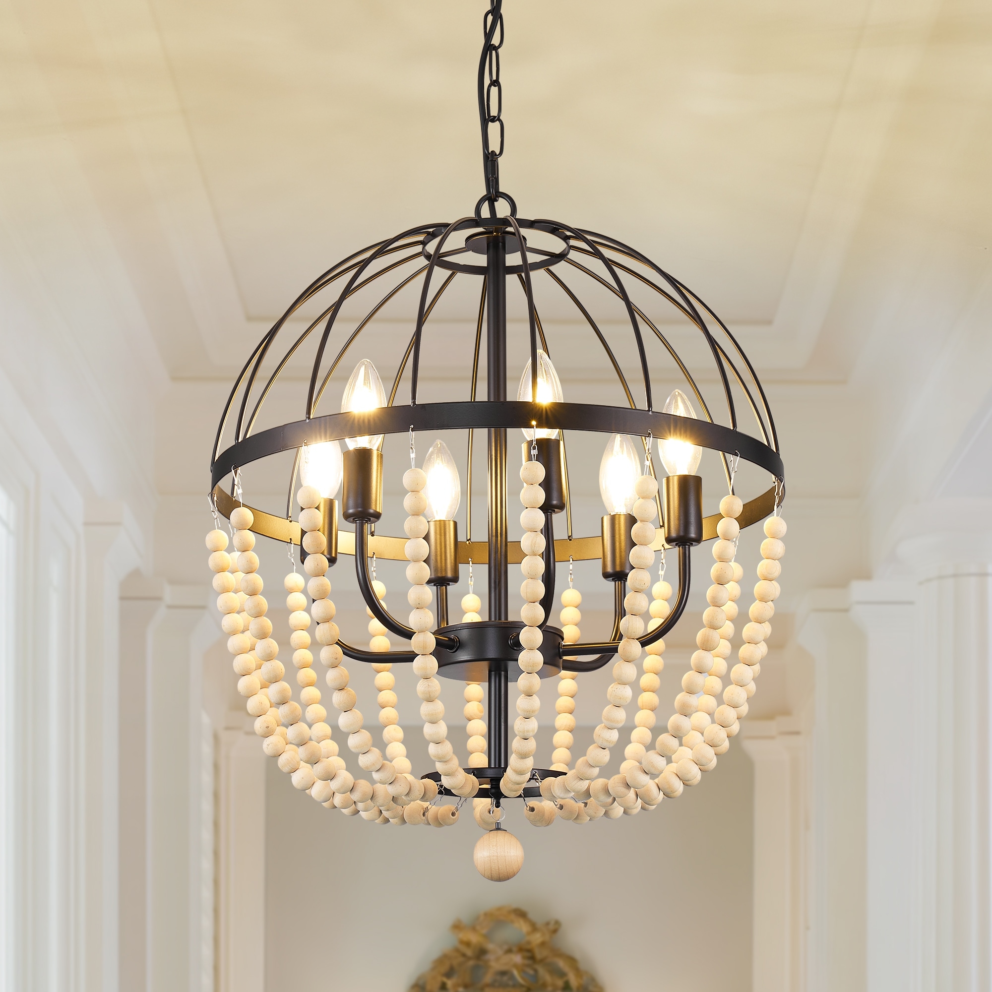 6-Light Metal Chandelier with Wooden Beads