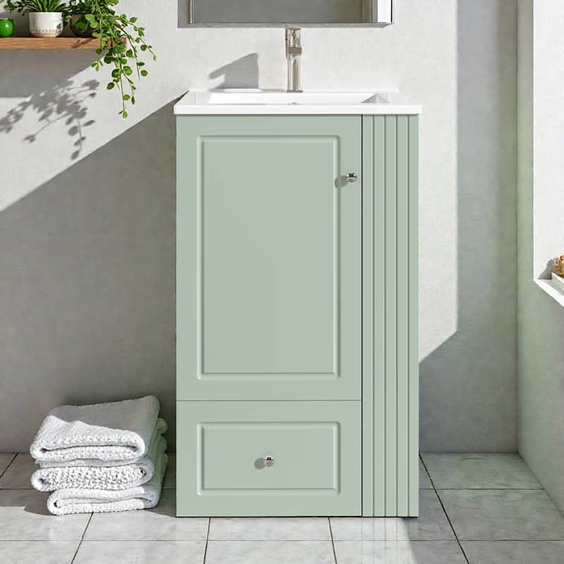 20" Small Bathroom Vanity with Ceramic Sink, Soft-Close Drawer, Open Shelves & Towel Bar, Modern MDF Freestanding Cabinet - Green