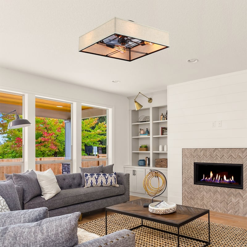 16.6"Square Fabric Flush Mount Ceiling Fan,Reversible Motor,DC Remote Control,7 PCS PC Blades,6 Speed Ceiling Fan,Timing