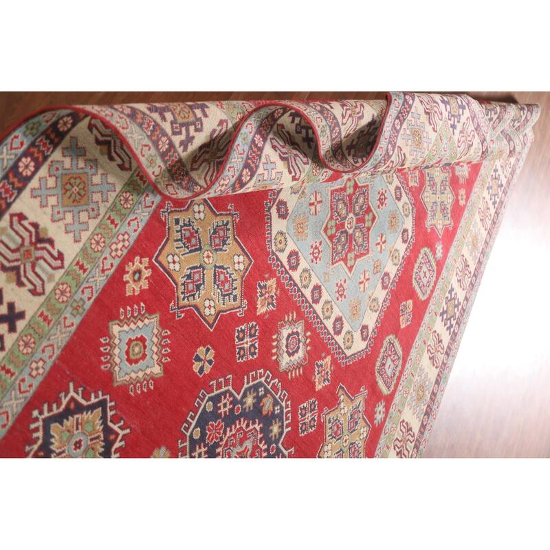 Hand Knotted Oriental 100% Wool Carpet Traditional Geometric Red Kazak Area Rug - 9' 8'' X 6' 3''
