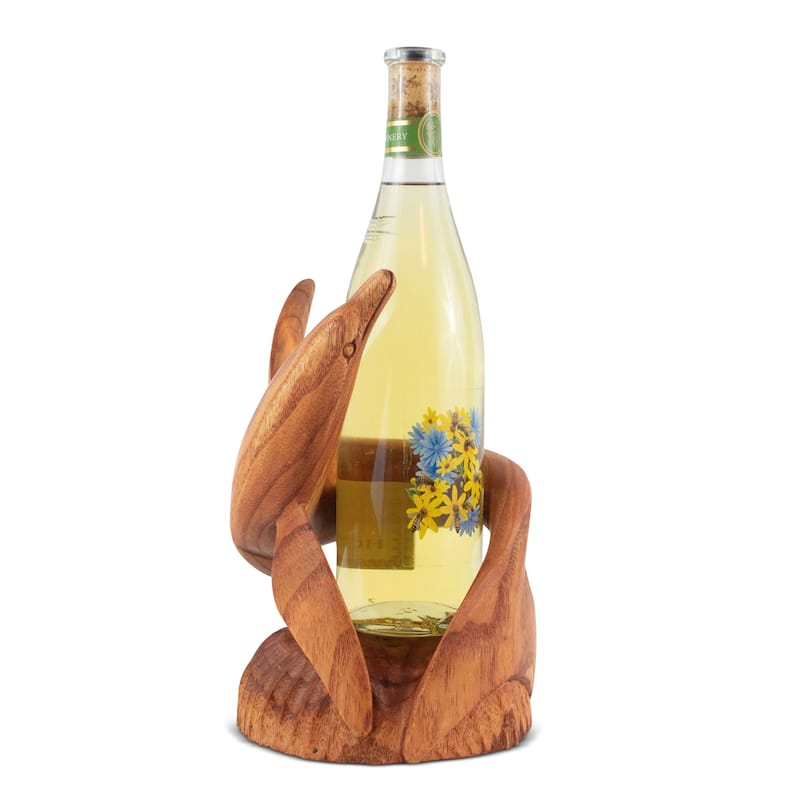 Wooden Handmade Wine Rack Bottle Holder Free Standing Dolphin Wood Rustic Hand Carved Home Decor Accent Decoration Gift