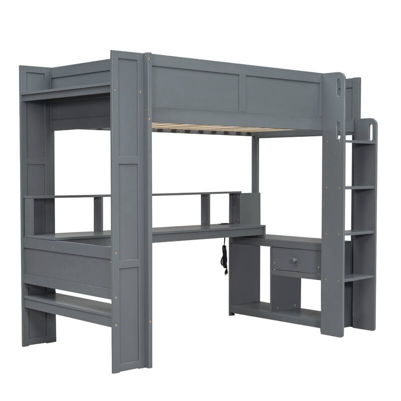 Full Size Loft Bed with Built-in Desk, LED Shelf Lighting, Charging Ports, and Storage Cabinet, Dark Gray Wood Frame