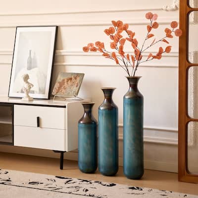 Large White Droplet-Shaped Glazed Metal Floor Vase Set (3-Piece) ，Modern Home Decor for Living Room, Entryway & Office