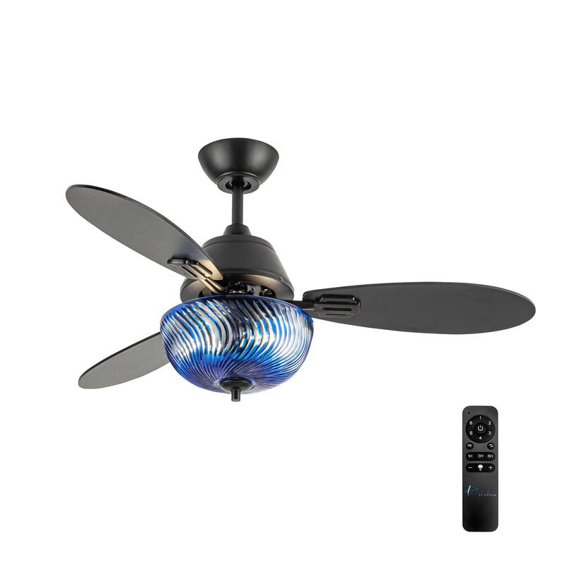 Coco River of Goods 3-blade 42-inch Glam Indoor Ceiling Fan with Amber Hand-Cut Glass Shade and Remote Control - 42" x 42" x 18.75" - Blue/Black - Remote