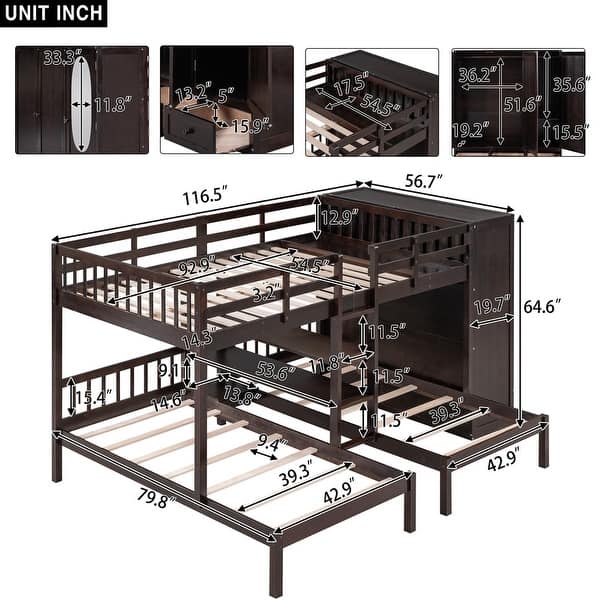 Minimalist Design Full-Over-Twin-Twin Bunk Bed with 3 drawers,Shelves, Wardrobe and Mirror,Store Books,Display Decorations
