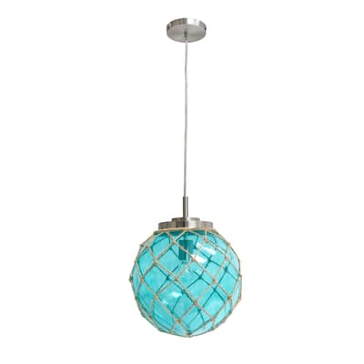 Elegant Designs Buoy Netted Brushed Nickel Coastal Ocean Sea Glass Pendant with Natural Rope