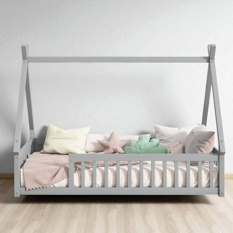 Twin Tent-Shaped Floor Bed with Guardrails, Low Platform Teepee Bed Frame with Slats, Solid Wood Design