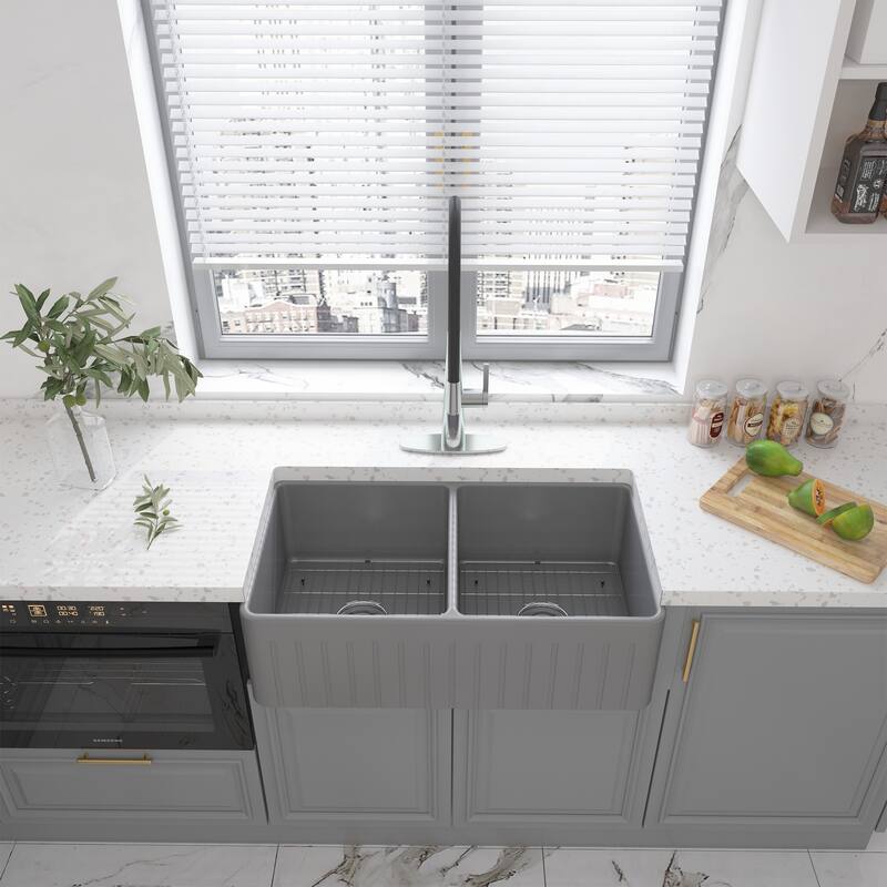 33 in. Farmhouse/Apron-Front Double Bowl Fireclay Kitchen Sink with Striped Design Reversible Installation, Grids and Strainers