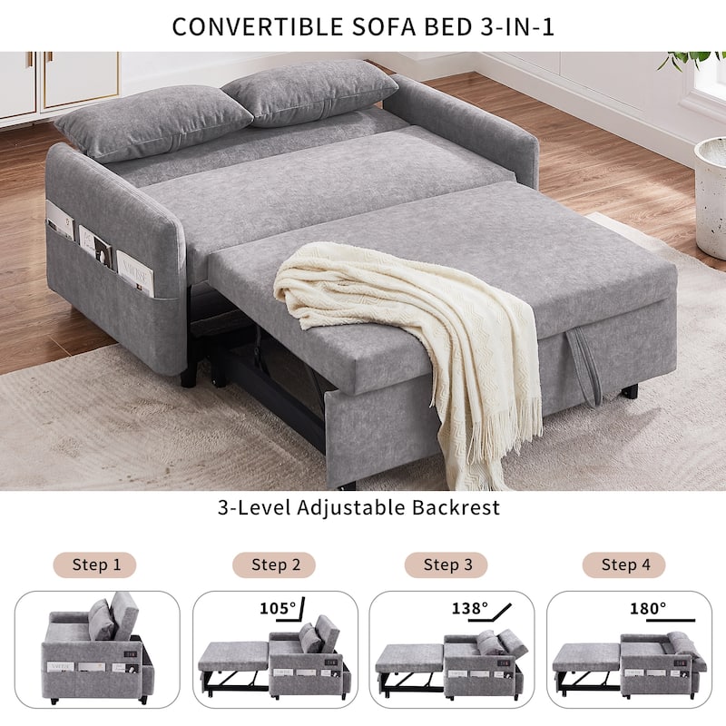 3-in-1 Pull Out Sofa Bed, Couch Bed with Adjsutable Back and Storage Pockets, 2 Seater Sofa with 2 Soft Pillows and USB Ports