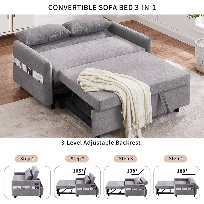 Pull Out Sleep Sofa Bed, 55.1" Loveseats Sofa Couch w/ Adjsutable Backrest, Convertible Sofa Bed w/ Storage Pockets & USB Ports